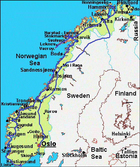 route Noorwegen (blauwe lijn)